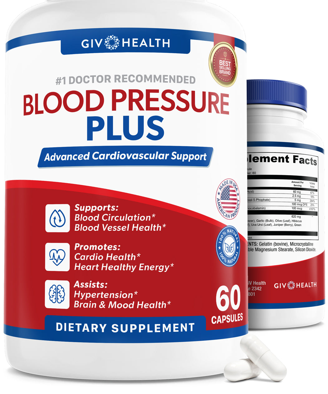 Lower Hypertension  Support Cardiovascular Health  Improve Blood Pressure. Vitamin C, B6, B12 with Niacin and Folate. Made in the USA